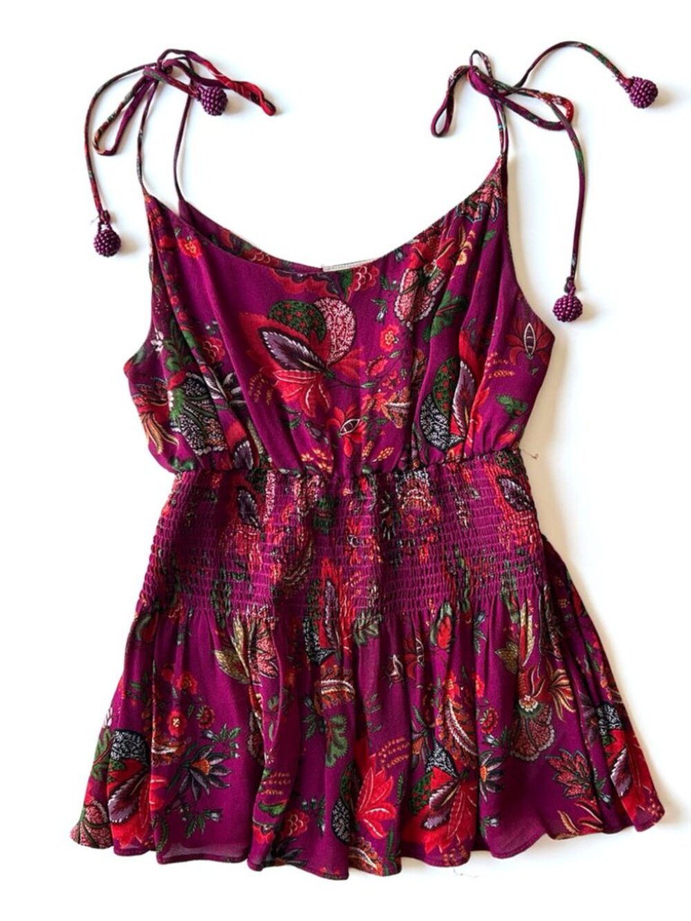 Anthropologie Farm Rio Cami Meg Boho Florals beaded Tassel straps XS Like New